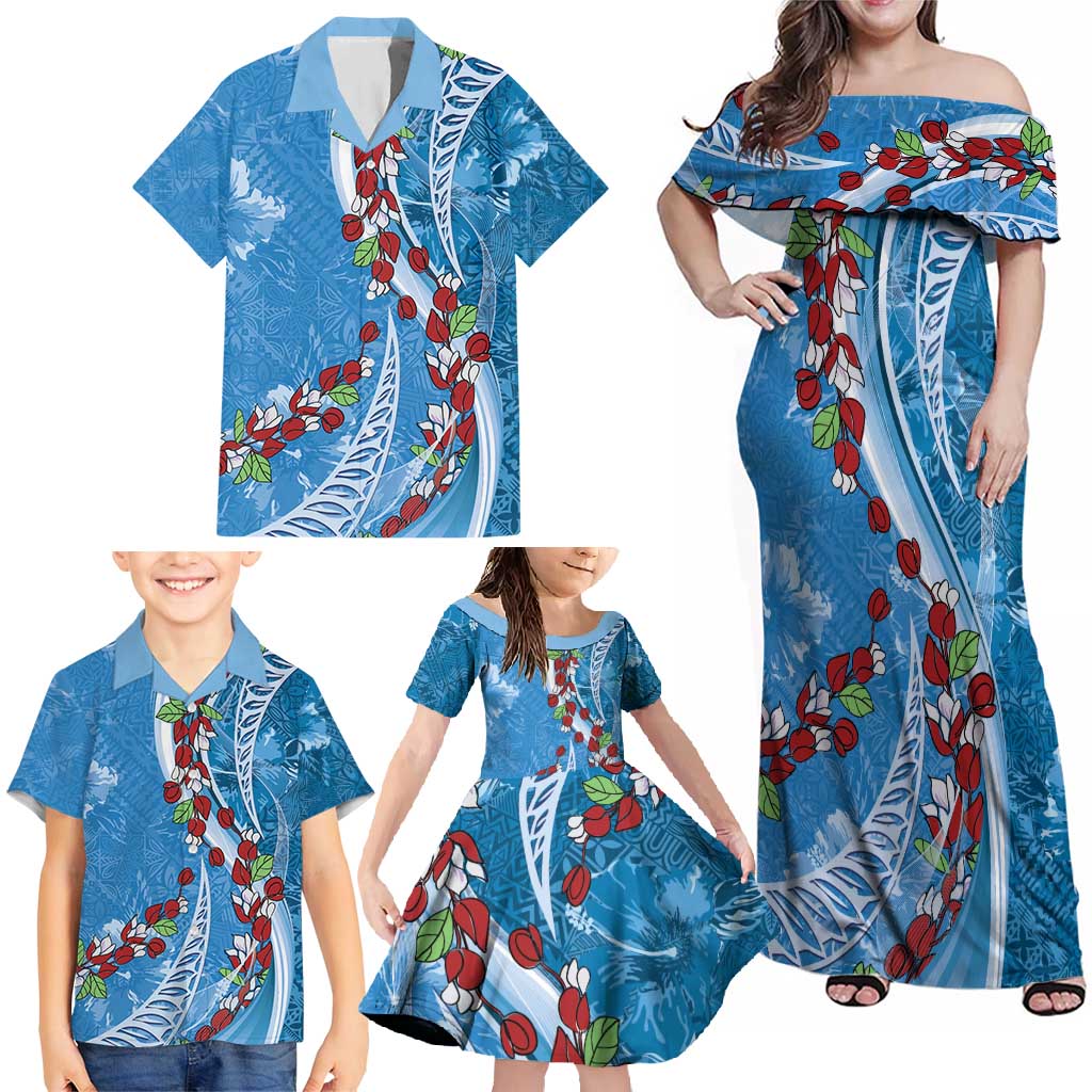 Fiji Tagimaucia Floral Family Matching Off Shoulder Maxi Dress and Hawaiian Shirt Tapa Pattern LT01 - Polynesian Pride