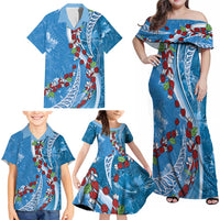 Fiji Tagimaucia Floral Family Matching Off Shoulder Maxi Dress and Hawaiian Shirt Tapa Pattern LT01 - Polynesian Pride