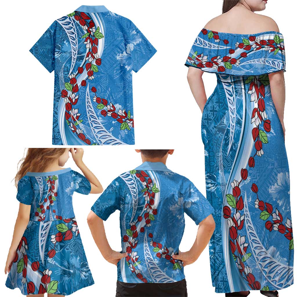 Fiji Tagimaucia Floral Family Matching Off Shoulder Maxi Dress and Hawaiian Shirt Tapa Pattern LT01 - Polynesian Pride
