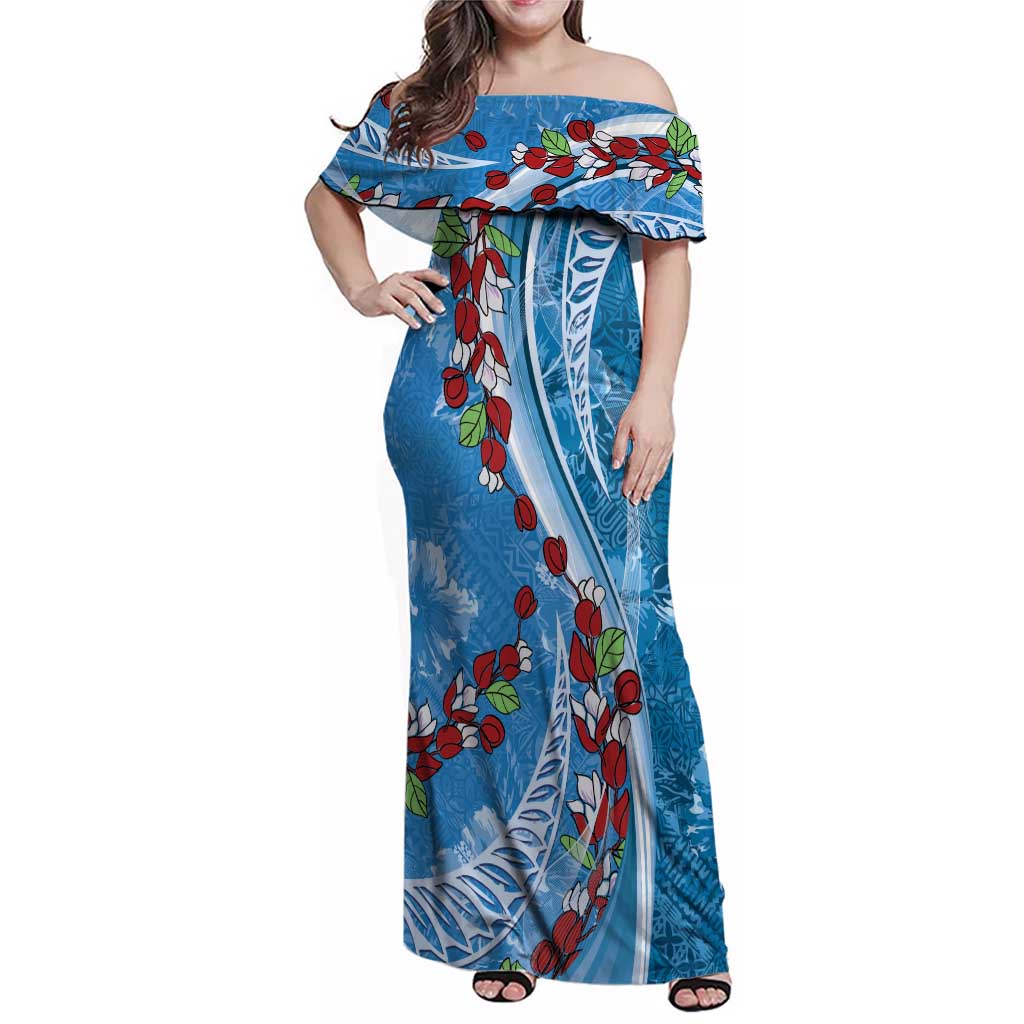 Fiji Tagimaucia Floral Family Matching Off Shoulder Maxi Dress and Hawaiian Shirt Tapa Pattern LT01 Mom's Dress Blue - Polynesian Pride
