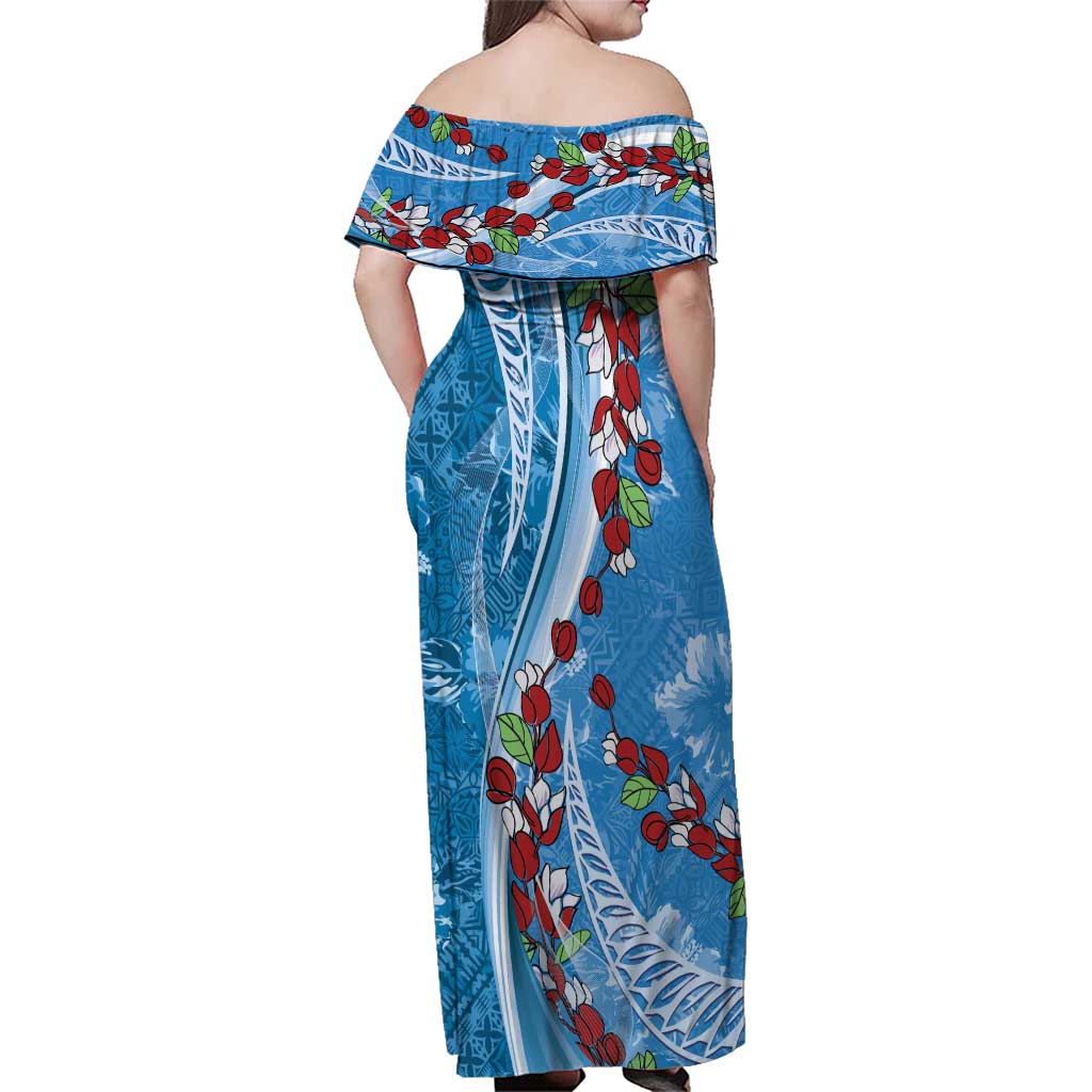 Fiji Tagimaucia Floral Family Matching Off Shoulder Maxi Dress and Hawaiian Shirt Tapa Pattern LT01 - Polynesian Pride