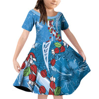 Fiji Tagimaucia Floral Family Matching Off Shoulder Short Dress and Hawaiian Shirt Tapa Pattern LT01 Daughter's Dress Blue - Polynesian Pride