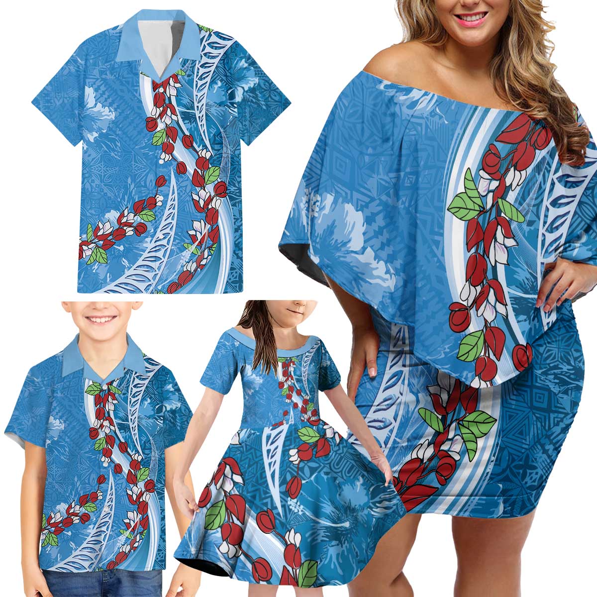 Fiji Tagimaucia Floral Family Matching Off Shoulder Short Dress and Hawaiian Shirt Tapa Pattern LT01 - Polynesian Pride
