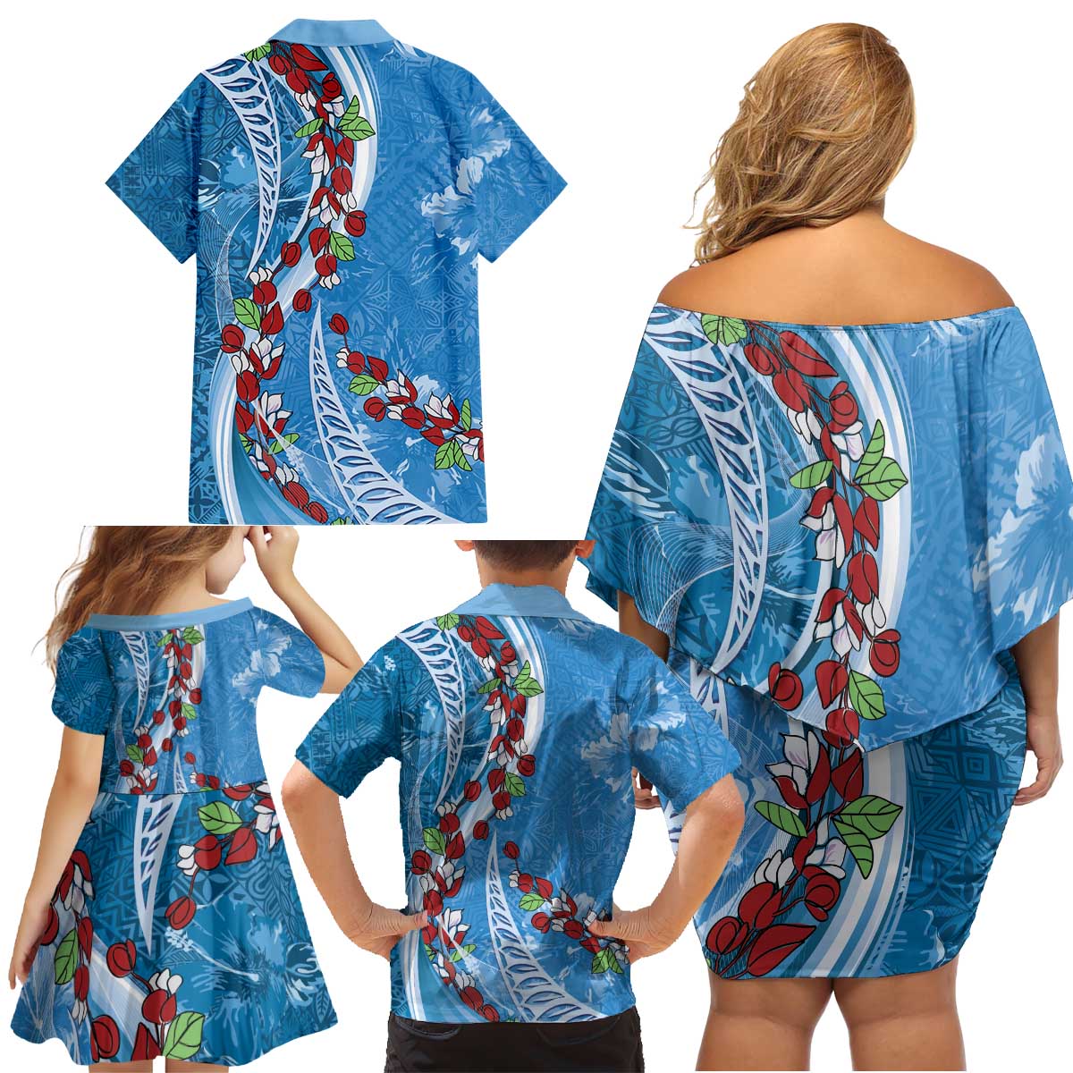 Fiji Tagimaucia Floral Family Matching Off Shoulder Short Dress and Hawaiian Shirt Tapa Pattern LT01 - Polynesian Pride