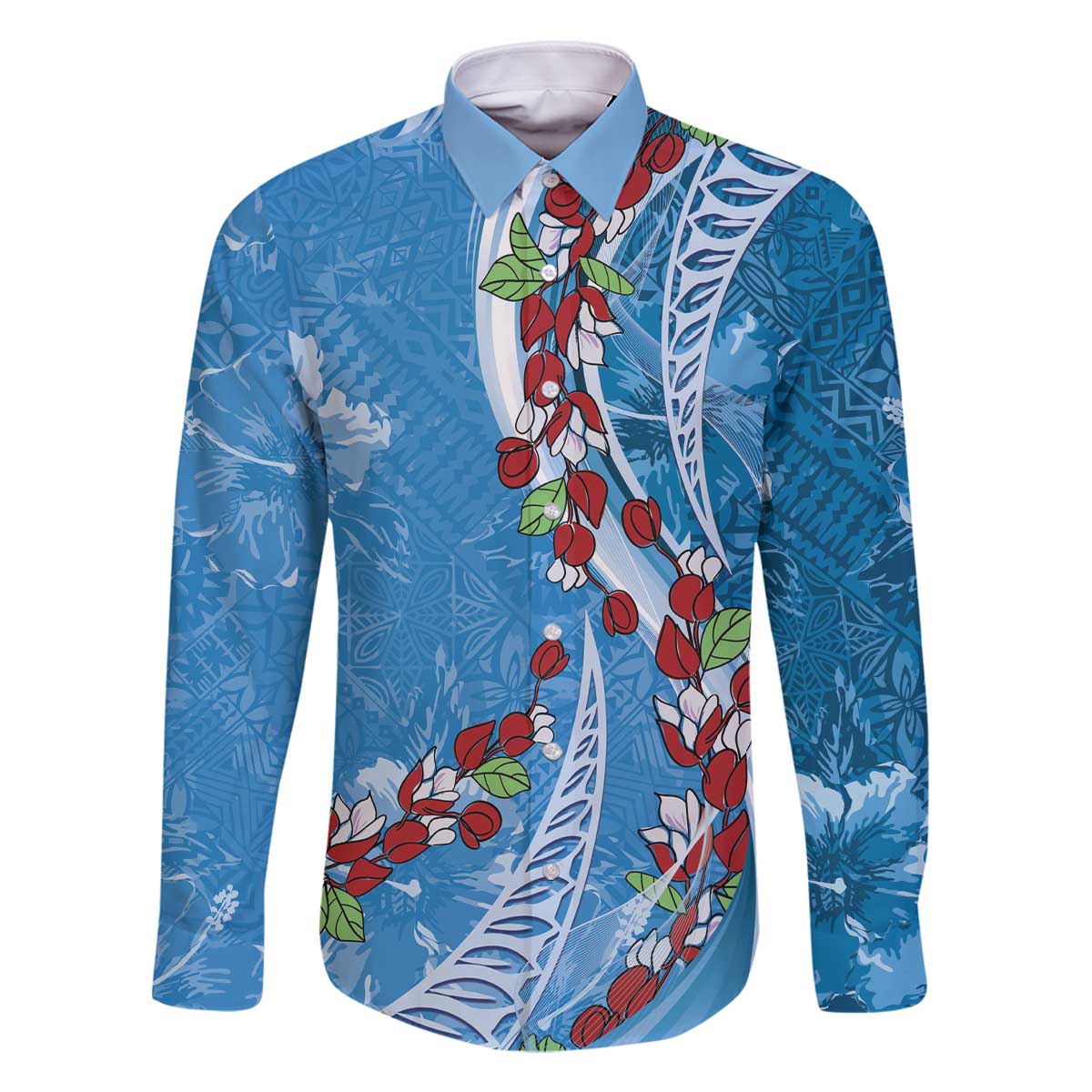 Fiji Tagimaucia Floral Family Matching Off Shoulder Short Dress and Hawaiian Shirt Tapa Pattern LT01 Dad's Shirt - Long Sleeve Blue - Polynesian Pride