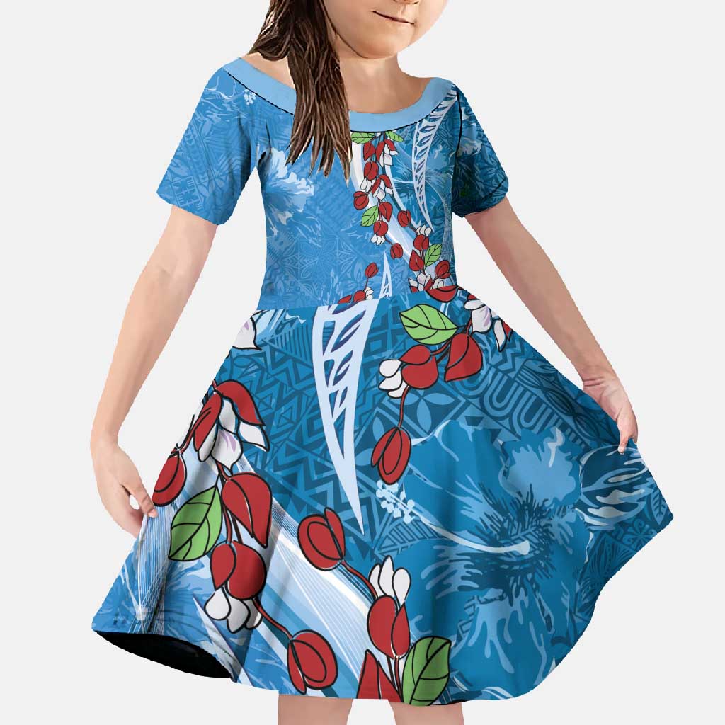 Fiji Tagimaucia Floral Family Matching Short Sleeve Bodycon Dress and Hawaiian Shirt Tapa Pattern LT01 Daughter's Dress Blue - Polynesian Pride
