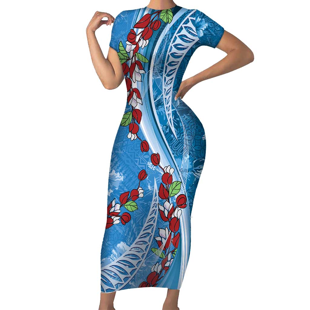 Fiji Tagimaucia Floral Family Matching Short Sleeve Bodycon Dress and Hawaiian Shirt Tapa Pattern LT01 Mom's Dress Blue - Polynesian Pride