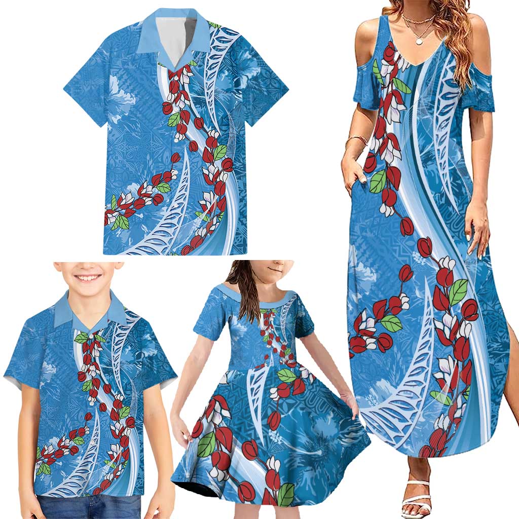 Fiji Tagimaucia Floral Family Matching Summer Maxi Dress and Hawaiian Shirt Tapa Pattern LT01 - Polynesian Pride