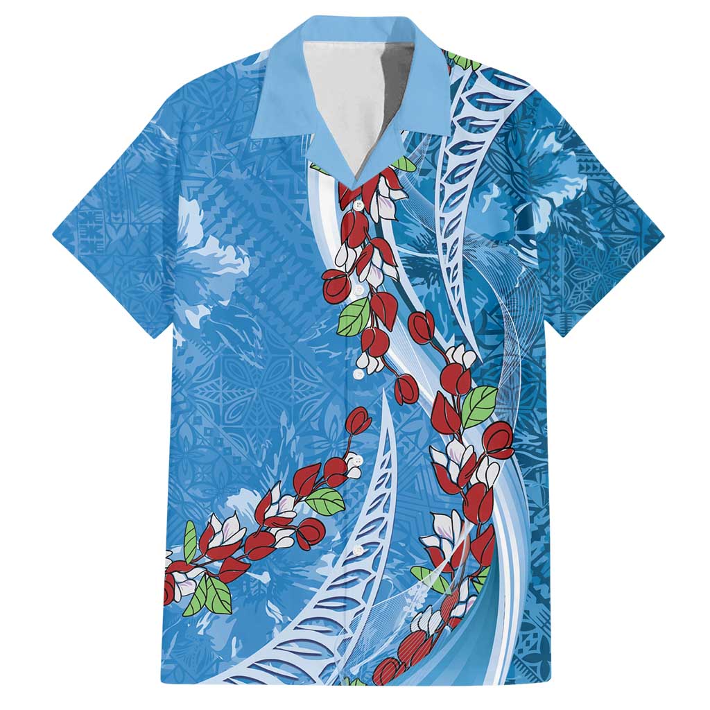Fiji Tagimaucia Floral Family Matching Summer Maxi Dress and Hawaiian Shirt Tapa Pattern LT01 Dad's Shirt - Short Sleeve Blue - Polynesian Pride