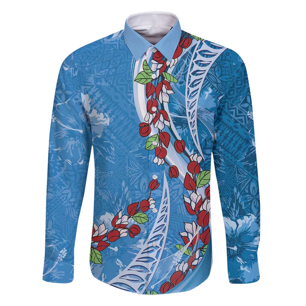 Fiji Tagimaucia Floral Family Matching Summer Maxi Dress and Hawaiian Shirt Tapa Pattern LT01 Dad's Shirt - Long Sleeve Blue - Polynesian Pride
