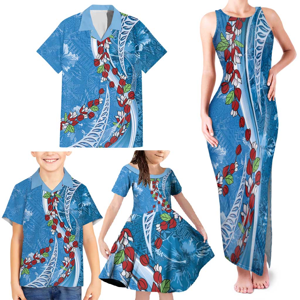 Fiji Tagimaucia Floral Family Matching Tank Maxi Dress and Hawaiian Shirt Tapa Pattern LT01 - Polynesian Pride