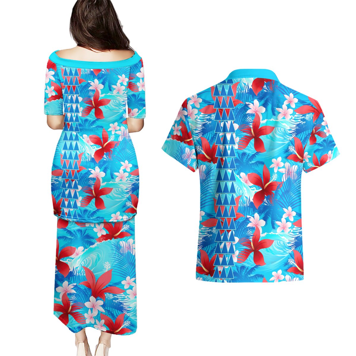 Hawaii Christmas Couples Matching Puletasi Dress and Hawaiian Shirt Santa Claus Surfing Kakau Tropical Style LT01 - Polynesian Pride