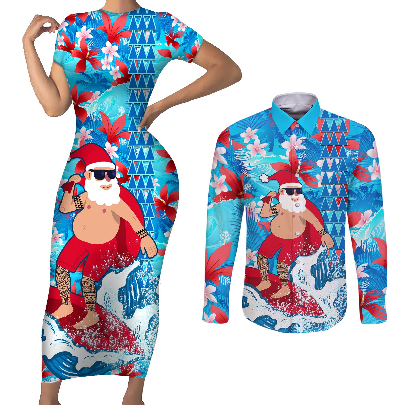 Hawaii Christmas Couples Matching Short Sleeve Bodycon Dress and Long Sleeve Button Shirt Santa Claus Surfing Kakau Tropical Style LT01 Blue - Polynesian Pride