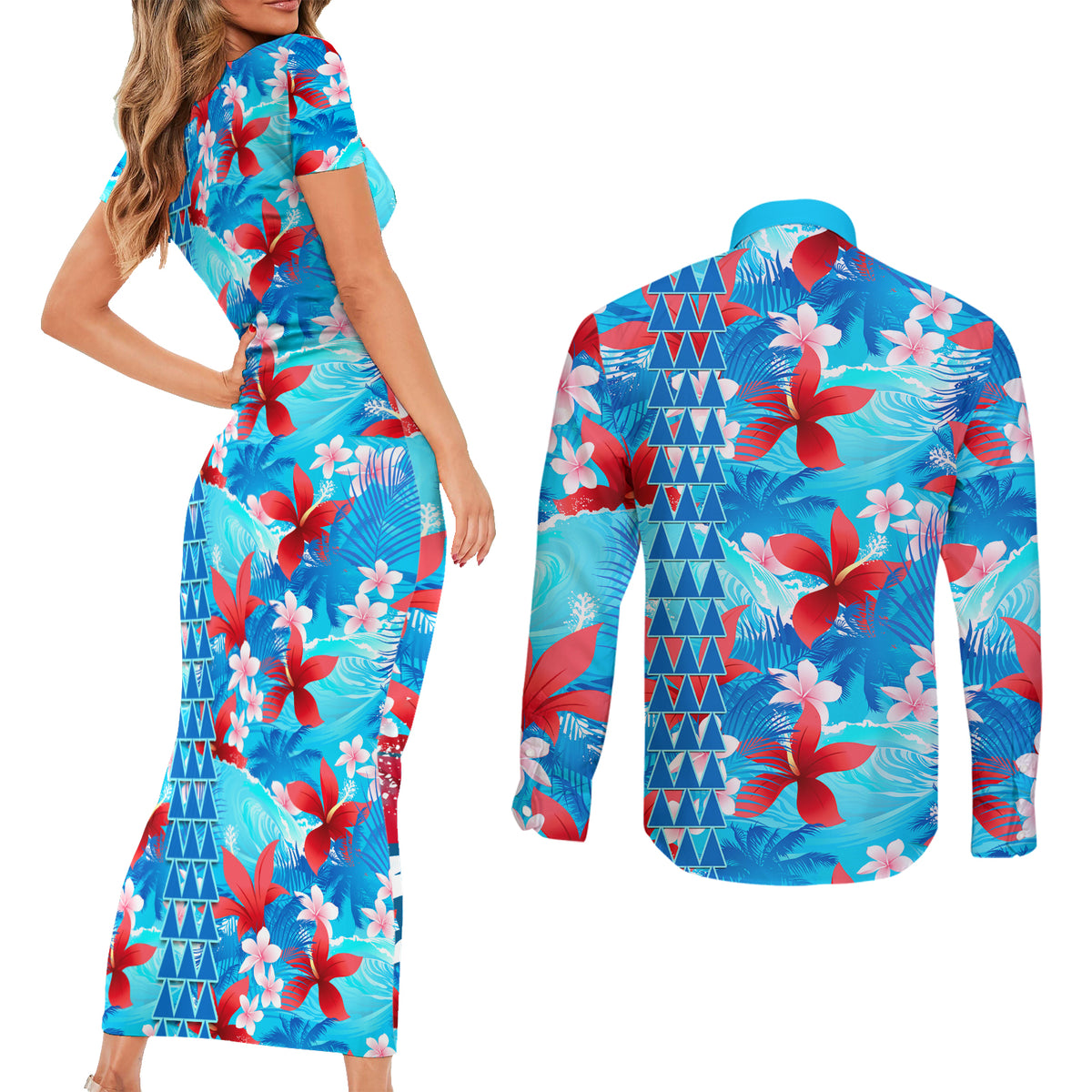 Hawaii Christmas Couples Matching Short Sleeve Bodycon Dress and Long Sleeve Button Shirt Santa Claus Surfing Kakau Tropical Style LT01 - Polynesian Pride