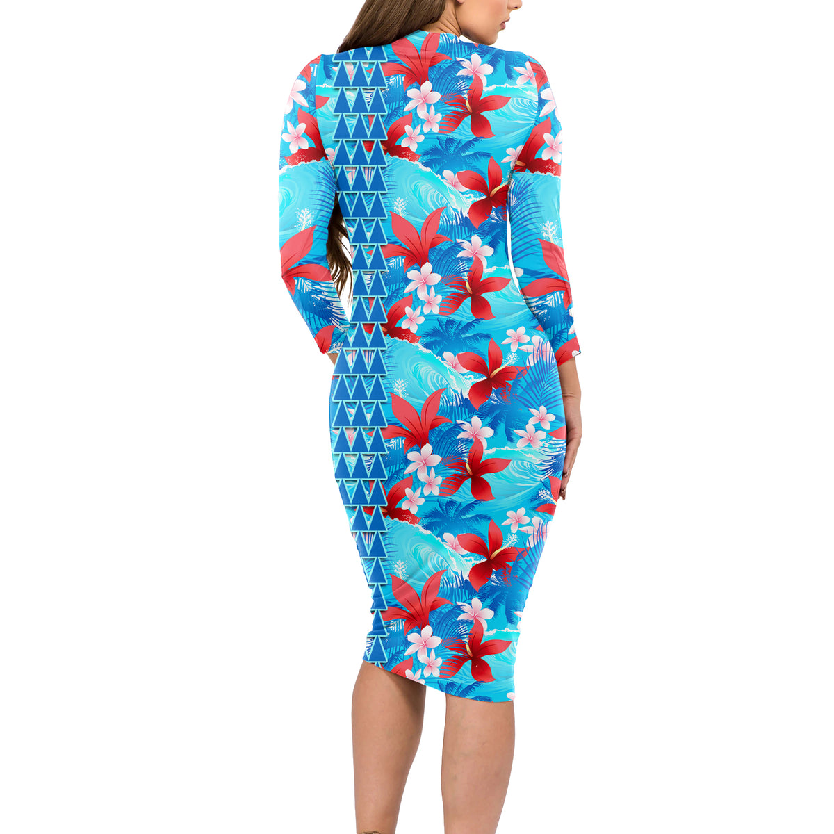 Hawaii Christmas Long Sleeve Bodycon Dress Santa Claus Surfing Kakau Tropical Style LT01 - Polynesian Pride