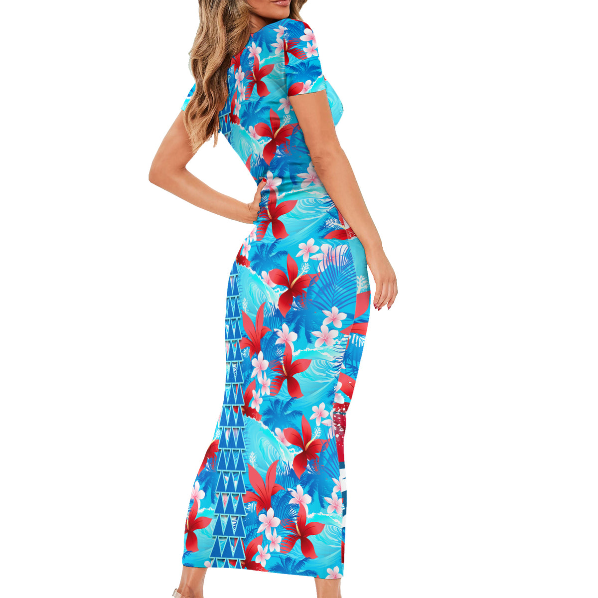 Hawaii Christmas Short Sleeve Bodycon Dress Santa Claus Surfing Kakau Tropical Style LT01 - Polynesian Pride