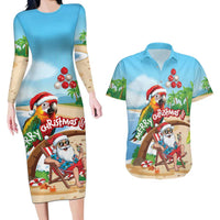 Personalized Hawaii Santa Parrot Christmas Couples Matching Long Sleeve Bodycon Dress and Hawaiian Shirt Summer Vibe LT01 Blue - Polynesian Pride