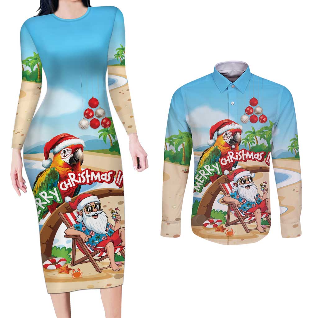 Personalized Hawaii Santa Parrot Christmas Couples Matching Long Sleeve Bodycon Dress and Long Sleeve Button Shirt Summer Vibe LT01 Blue - Polynesian Pride