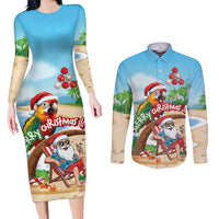 Personalized Hawaii Santa Parrot Christmas Couples Matching Long Sleeve Bodycon Dress and Long Sleeve Button Shirt Summer Vibe LT01 Blue - Polynesian Pride