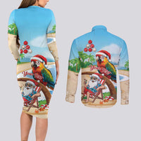 Personalized Hawaii Santa Parrot Christmas Couples Matching Long Sleeve Bodycon Dress and Long Sleeve Button Shirt Summer Vibe LT01 - Polynesian Pride