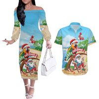 Personalized Hawaii Santa Parrot Christmas Couples Matching Off The Shoulder Long Sleeve Dress and Hawaiian Shirt Summer Vibe LT01 Blue - Polynesian Pride