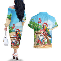 Personalized Hawaii Santa Parrot Christmas Couples Matching Off The Shoulder Long Sleeve Dress and Hawaiian Shirt Summer Vibe LT01 - Polynesian Pride