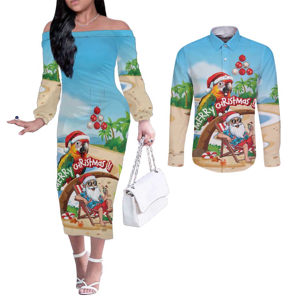 Personalized Hawaii Santa Parrot Christmas Couples Matching Off The Shoulder Long Sleeve Dress and Long Sleeve Button Shirt Summer Vibe LT01 Blue - Polynesian Pride