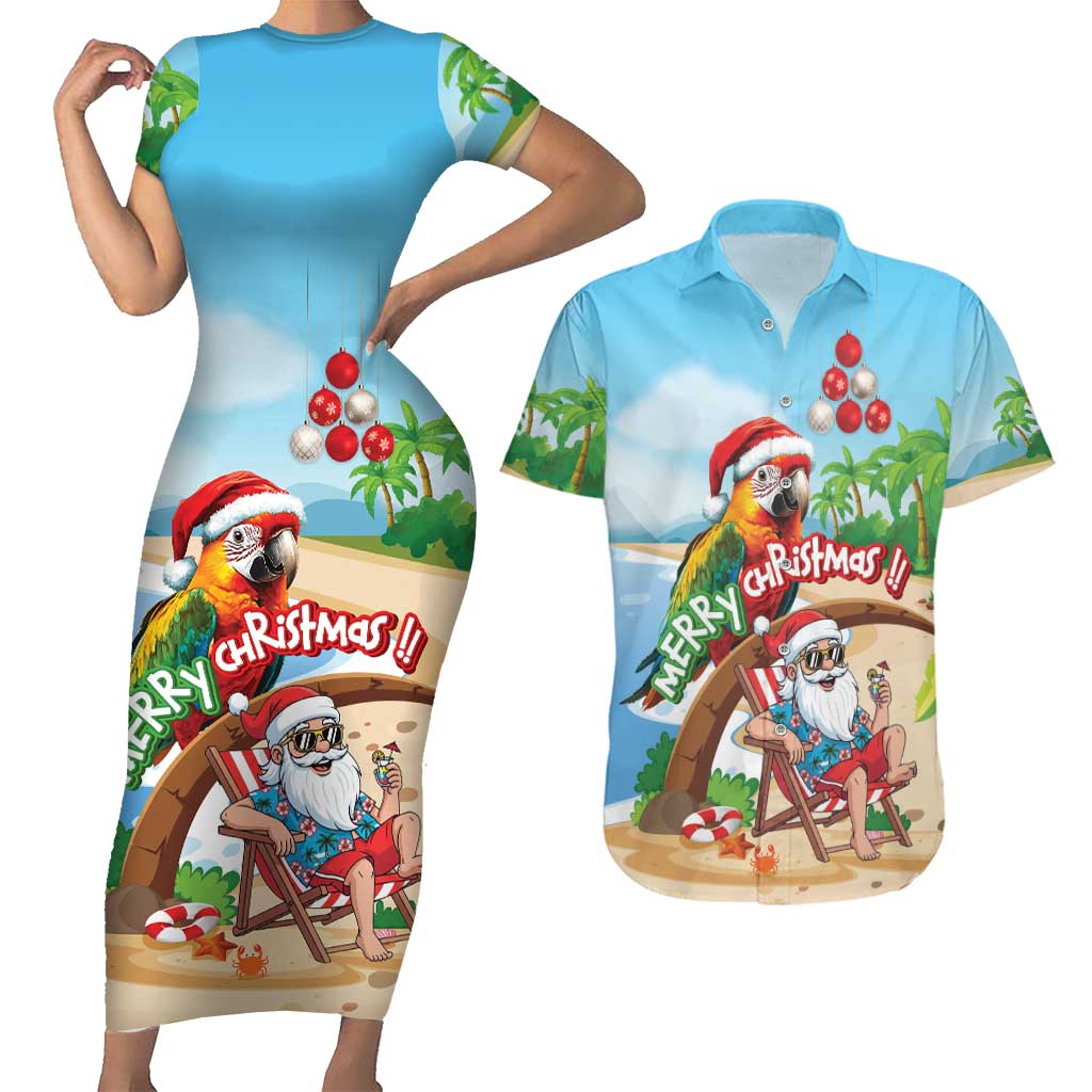 Personalized Hawaii Santa Parrot Christmas Couples Matching Short Sleeve Bodycon Dress and Hawaiian Shirt Summer Vibe LT01 Blue - Polynesian Pride