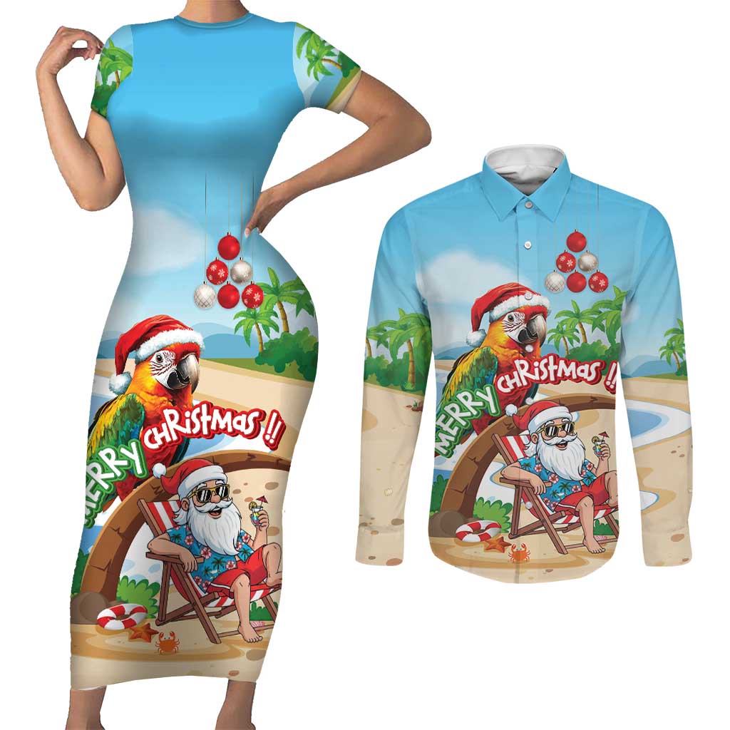 Personalized Hawaii Santa Parrot Christmas Couples Matching Short Sleeve Bodycon Dress and Long Sleeve Button Shirt Summer Vibe LT01 Blue - Polynesian Pride