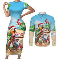 Personalized Hawaii Santa Parrot Christmas Couples Matching Short Sleeve Bodycon Dress and Long Sleeve Button Shirt Summer Vibe LT01 Blue - Polynesian Pride