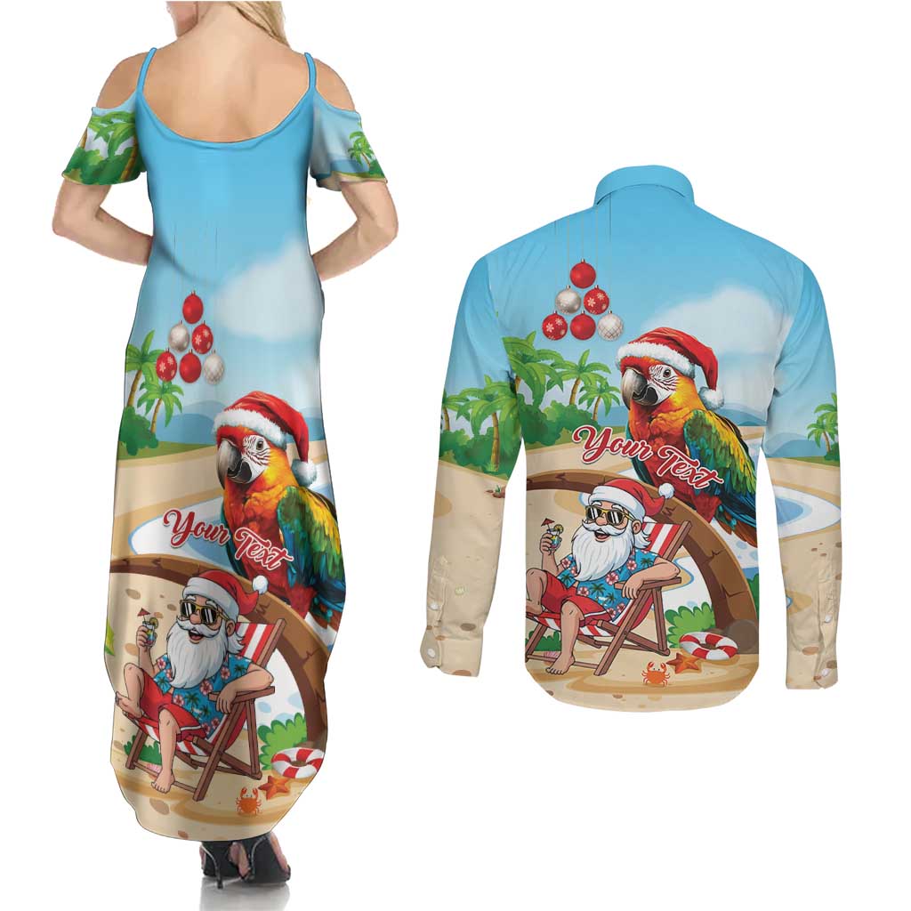 Personalized Hawaii Santa Parrot Christmas Couples Matching Summer Maxi Dress and Long Sleeve Button Shirt Summer Vibe - Polynesian Pride