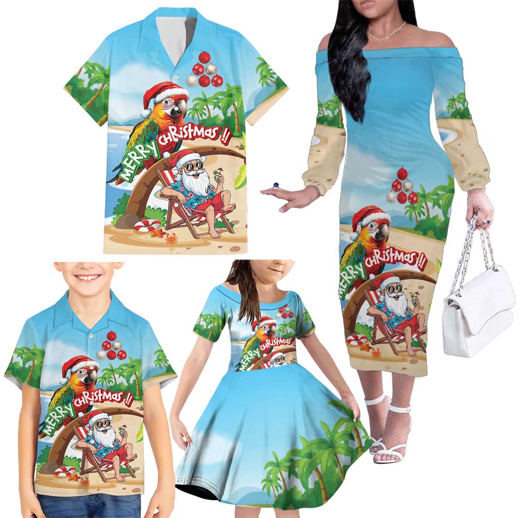 Personalized Hawaii Santa Parrot Christmas Family Matching Off The Shoulder Long Sleeve Dress and Hawaiian Shirt Summer Vibe LT01 - Polynesian Pride