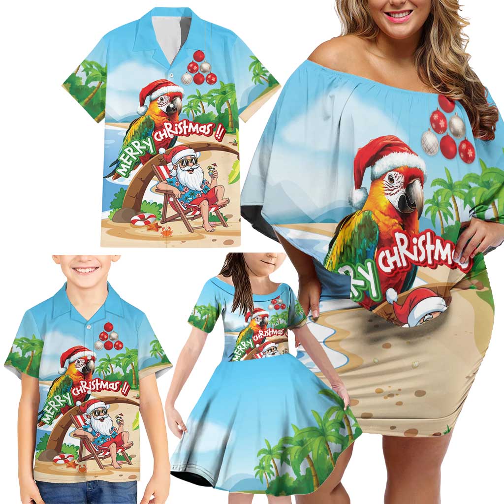 Personalized Hawaii Santa Parrot Christmas Family Matching Off Shoulder Short Dress and Hawaiian Shirt Summer Vibe LT01 - Polynesian Pride