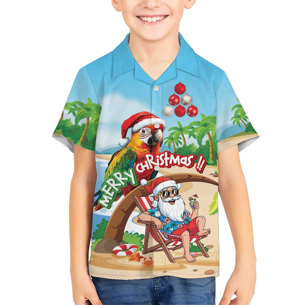 Personalized Hawaii Santa Parrot Christmas Family Matching Off Shoulder Short Dress and Hawaiian Shirt Summer Vibe LT01 Son's Shirt Blue - Polynesian Pride