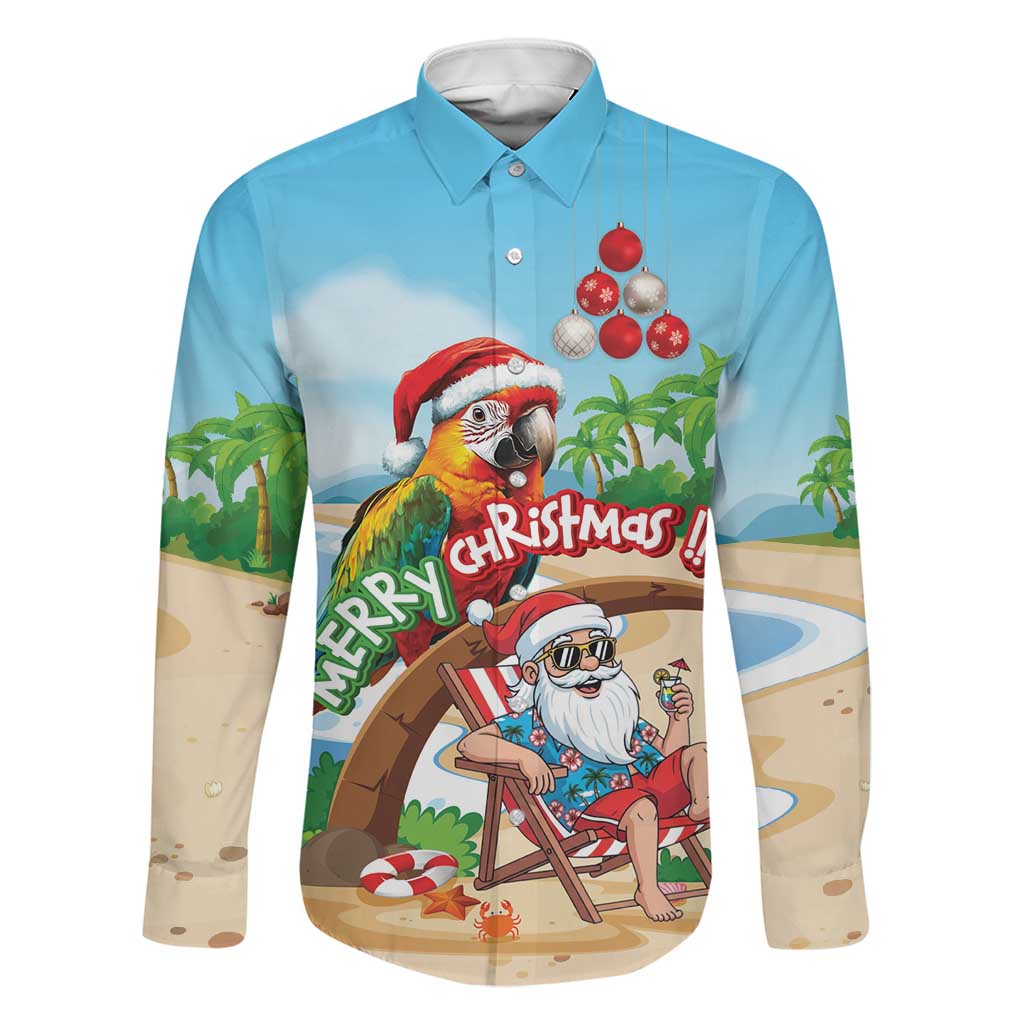 Personalized Hawaii Santa Parrot Christmas Family Matching Puletasi and Hawaiian Shirt Summer Vibe LT01 Dad's Shirt - Long Sleeve Blue - Polynesian Pride