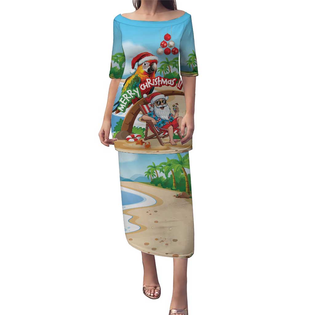 Personalized Hawaii Santa Parrot Christmas Family Matching Puletasi and Hawaiian Shirt Summer Vibe LT01 Mom's Dress Blue - Polynesian Pride
