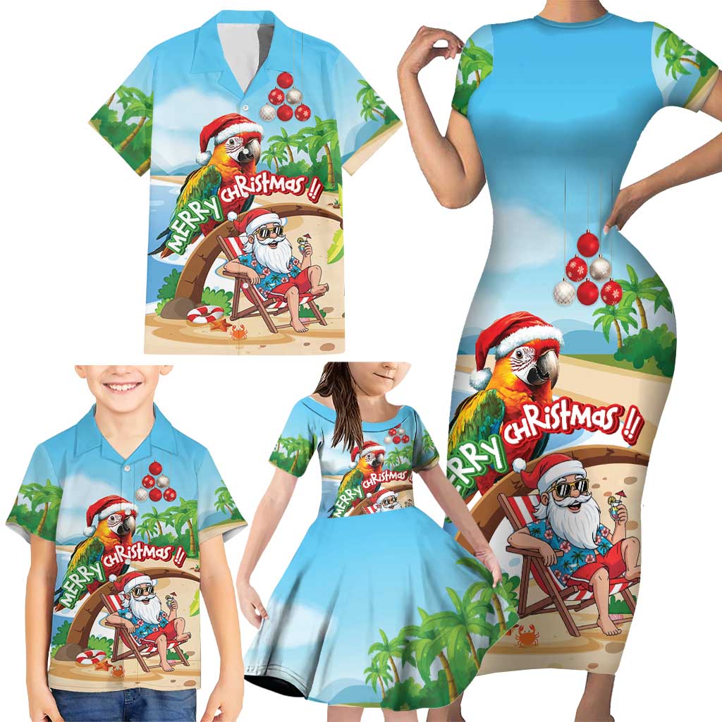 Personalized Hawaii Santa Parrot Christmas Family Matching Short Sleeve Bodycon Dress and Hawaiian Shirt Summer Vibe - Polynesian Pride