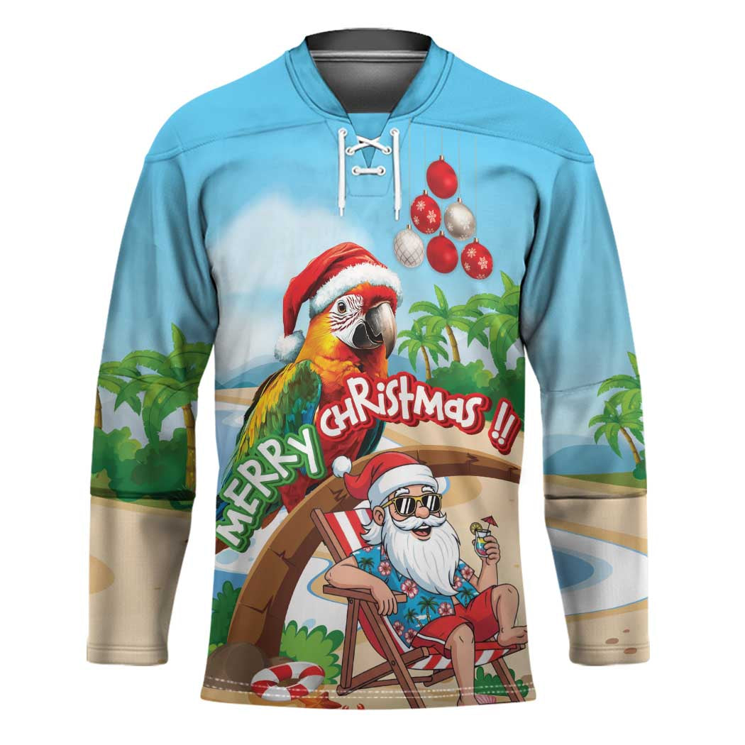 Personalized Hawaii Santa Parrot Christmas Hockey Jersey Summer Vibe LT01 Unisex Blue - Polynesian Pride