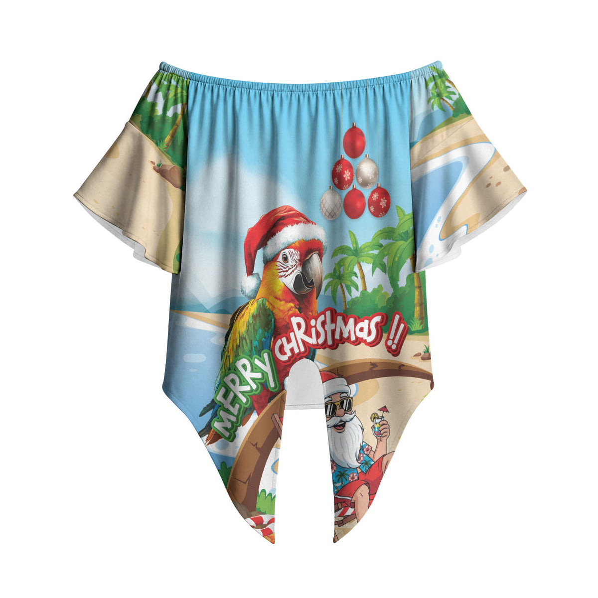 Personalized Hawaii Santa Parrot Christmas Off Shoulder Wrap Waist Top Summer Vibe LT01 Blue - Polynesian Pride
