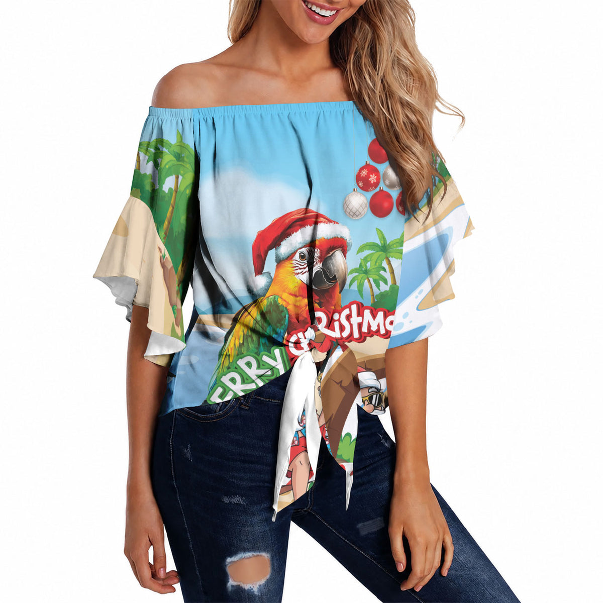 Personalized Hawaii Santa Parrot Christmas Off Shoulder Wrap Waist Top Summer Vibe LT01 - Polynesian Pride