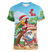 Personalized Hawaii Santa Parrot Christmas Women V-Neck T-Shirt Summer Vibe LT01 Female Blue - Polynesian Pride