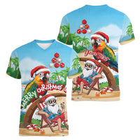 Personalized Hawaii Santa Parrot Christmas Women V-Neck T-Shirt Summer Vibe LT01 - Polynesian Pride