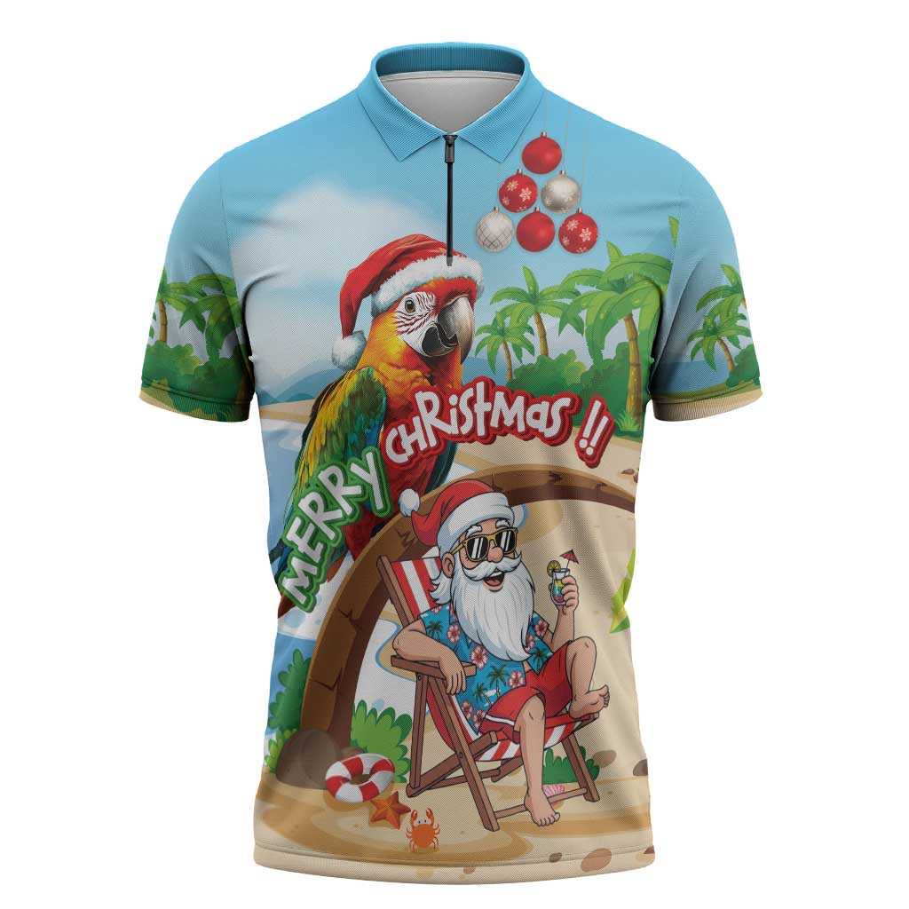 Personalized Hawaii Santa Parrot Christmas Zipper Polo Shirt Summer Vibe - Polynesian Pride