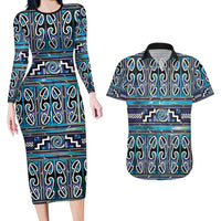Maori Matariki Couples Matching Long Sleeve Bodycon Dress and Hawaiian Shirt Blue Galaxy Aesthetic Koru Art LT01 Blue - Polynesian Pride