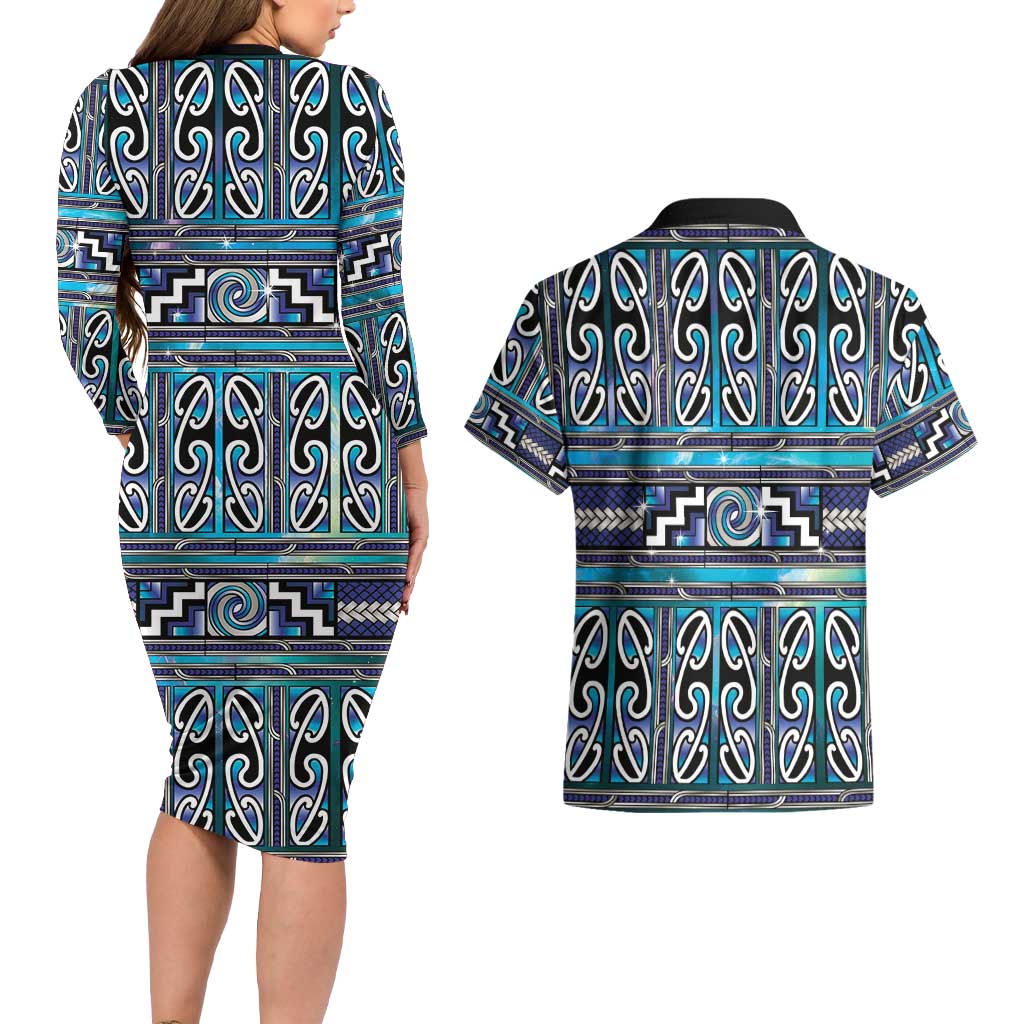 Maori Matariki Couples Matching Long Sleeve Bodycon Dress and Hawaiian Shirt Blue Galaxy Aesthetic Koru Art LT01 - Polynesian Pride