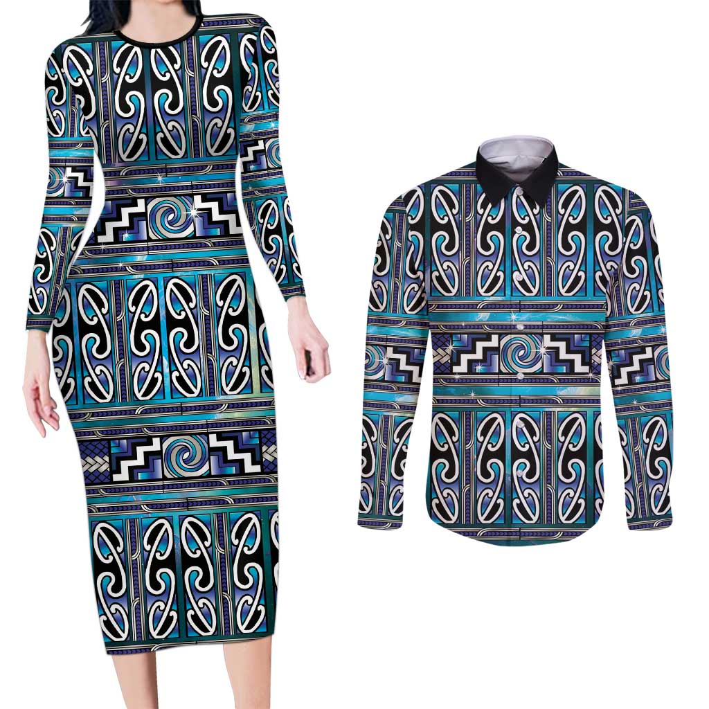 Maori Matariki Couples Matching Long Sleeve Bodycon Dress and Long Sleeve Button Shirt Blue Galaxy Aesthetic Koru Art LT01 Blue - Polynesian Pride