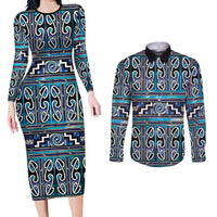 Maori Matariki Couples Matching Long Sleeve Bodycon Dress and Long Sleeve Button Shirt Blue Galaxy Aesthetic Koru Art LT01 Blue - Polynesian Pride