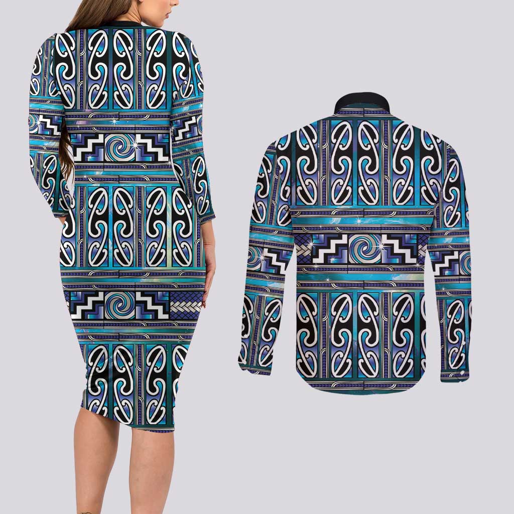 Maori Matariki Couples Matching Long Sleeve Bodycon Dress and Long Sleeve Button Shirt Blue Galaxy Aesthetic Koru Art LT01 - Polynesian Pride