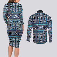 Maori Matariki Couples Matching Long Sleeve Bodycon Dress and Long Sleeve Button Shirt Blue Galaxy Aesthetic Koru Art LT01 - Polynesian Pride