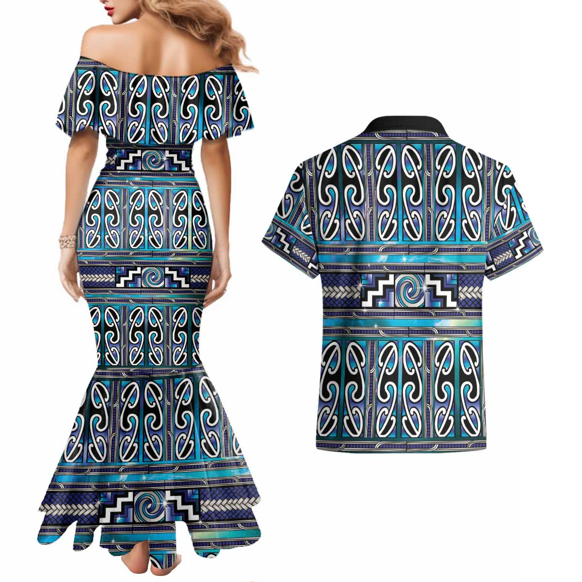 Maori Matariki Couples Matching Mermaid Dress and Hawaiian Shirt Blue Galaxy Aesthetic Koru Art LT01 - Polynesian Pride